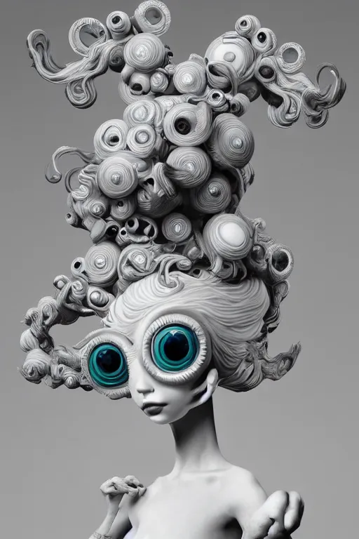 Image similar to 3 d full head and shoulders beautiful white porcelain woman with white big eyeballs all through her hair, ornate detailed hair, 3 d swirling hair by theodor seuss geisel and daniel arsham and xiang duan, simon stalenhag, kim jung gi, on a white background