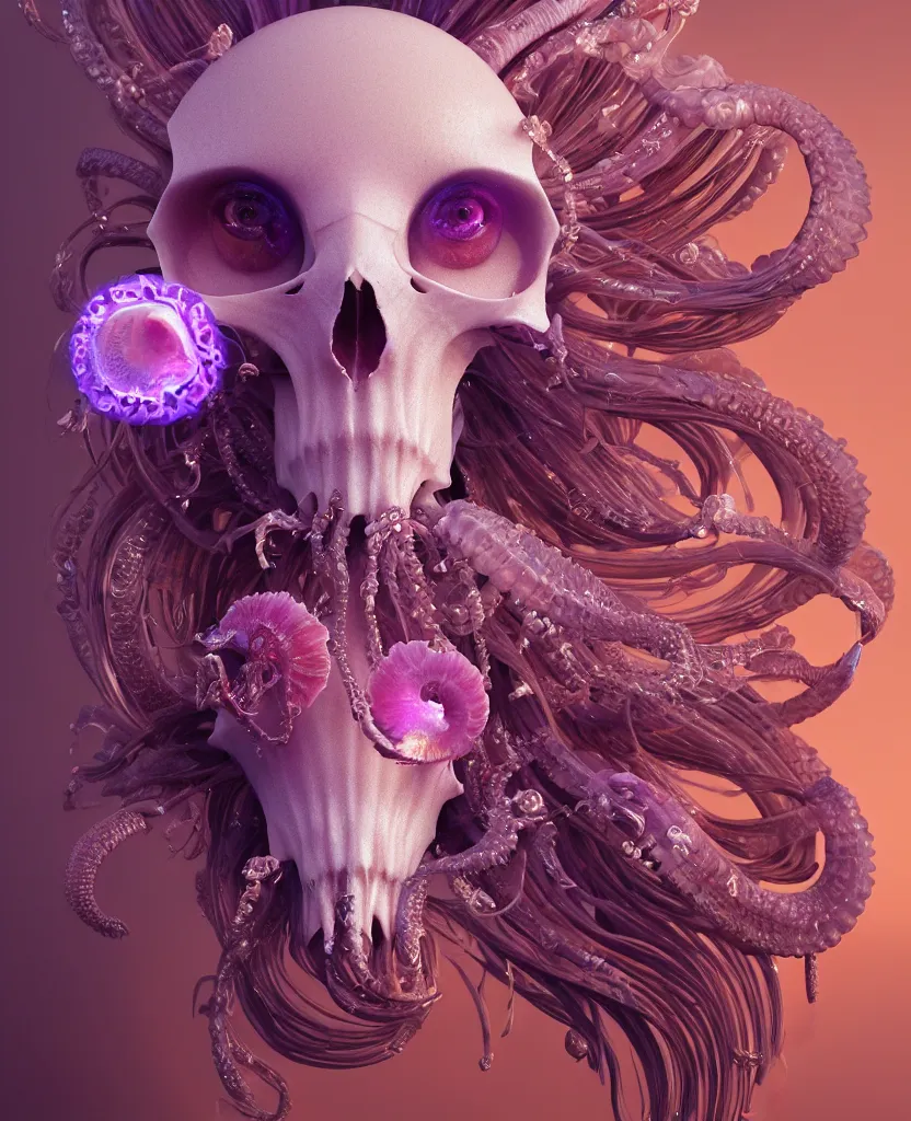 Image similar to goddess princess face close-up portrait ram skull. jellyfish phoenix head, nautilus, orchid, skull, betta fish, bioluminiscent creatures, intricate artwork by Tooth Wu and wlop and beeple. octane render, trending on artstation, greg rutkowski very coherent symmetrical artwork. cinematic, hyper realism, high detail, octane render, 8k