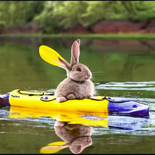 Image similar to a rabbit kayaking on a small river, photorealism 4k