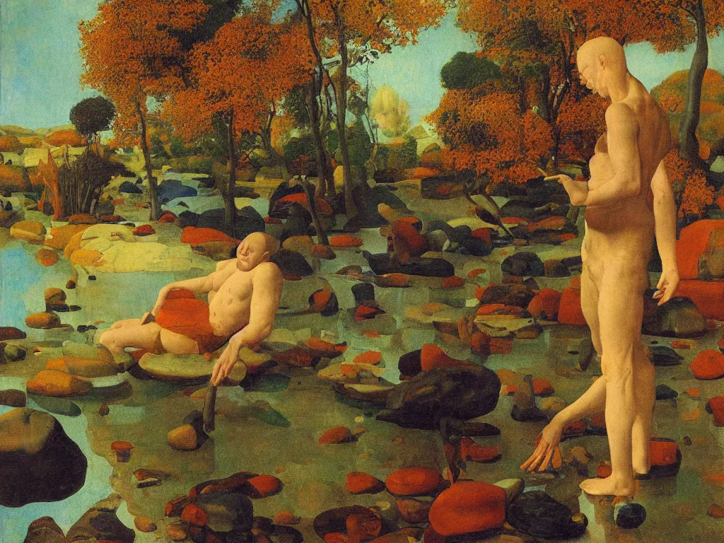 Image similar to Portrait of an artist in front of his canvas, knee deep in a river. Humanoid rocks, coral-like pebbles, autumn light. Painting by Jan van Eyck, Georges de la Tour, Rene Magritte, Jean Delville, Max Ernst, Walton Ford