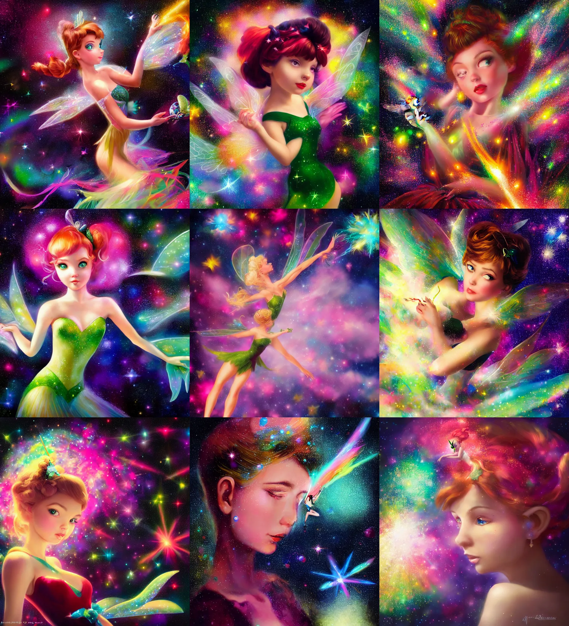 Image similar to close portrait of tinker bell flying through a centered explosion of colorful powder sparkles on a black background, wlop, steve argyle, ilya kuvshinov, ralph horsley, rossdraw, mark ryden, daniel f. gerhartz, sophie anderson, lilia alvarado, tom chambers