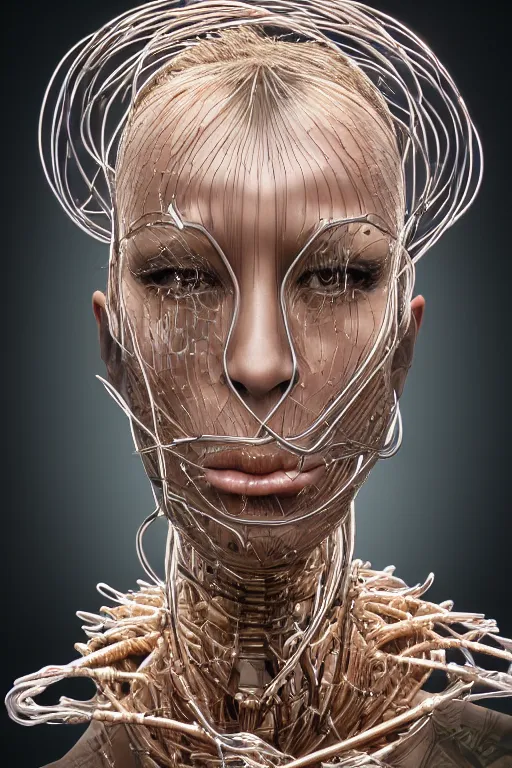 Image similar to organic cyborg head wrapped in barb wire by Hajime Sorayama and Jamie Coreth, trending on artstation, centered, symmetrical, cinematic lighting, electric hair, bilateral symmetry, 80s poster, polished, thick smoke, retro dark vintage sci-fi, 2D matte illustration