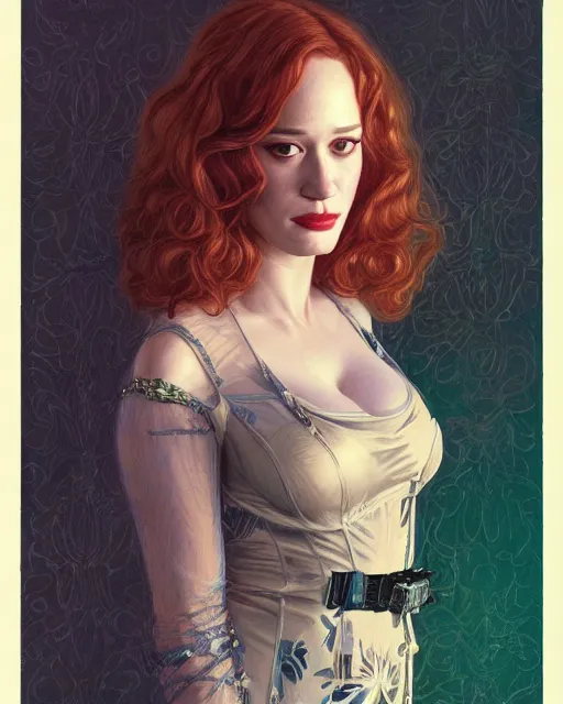 Prompt: sophisticated portrait of christina hendricks brie larson kat dennings, 1 9 8 0 s flower power hippy, very smoky cyberpunk paris bar, elegance, highly detailed, shallow depth of field, artstation, artgerm, donato giancola and joseph christian leyendecker