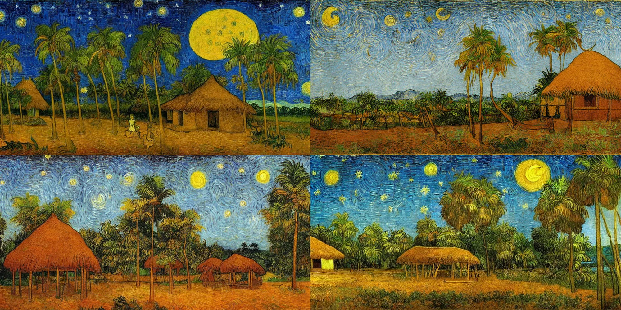 Prompt: a collaborative painting of kerala by leonardo da vinci and van Gogh, coconut trees and thatched house, cresent moon, starry nights