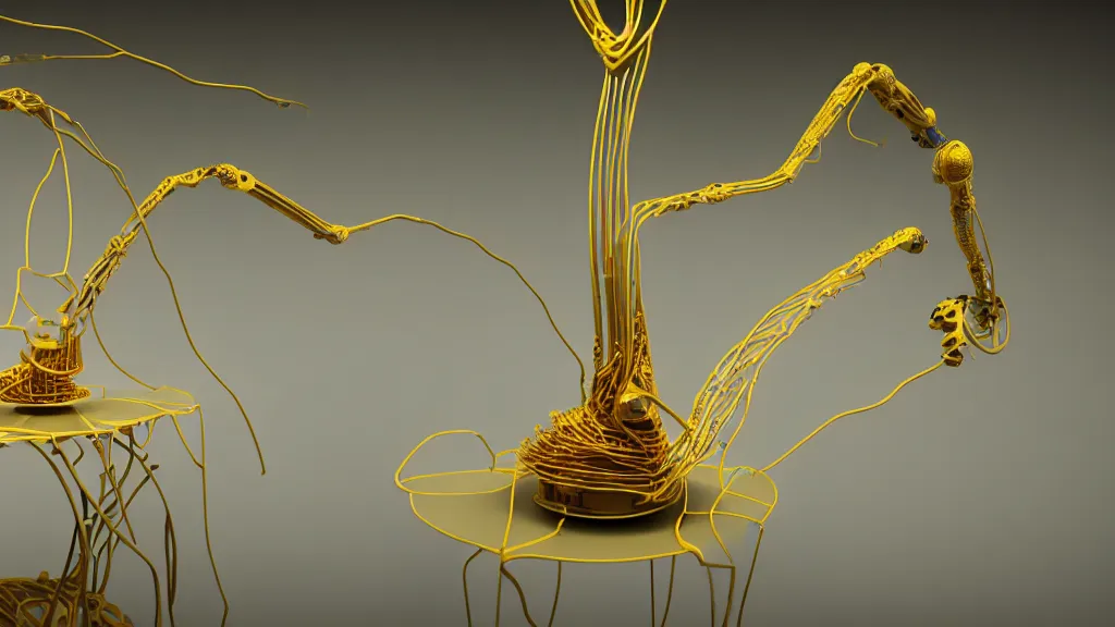 Image similar to a complex bifurcated robotic cnc surgical arm hybrid 3 d printer machine making organic ceramic kintsugi mandlebulb forms in the laboratory room, very thin gold wire, film still from the movie directed by denis villeneuve with art direction by salvador dali, wide lens, f 3 2, cinematic lighting, studio quality, smooth render, unreal engine 5 rendered, octane rendered