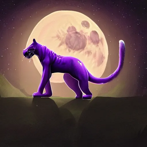 Image similar to digital painting of a large purple panther roaring at night. moon in background. digital drawing, illustration, 4 k, highly detailed, artstation, realistic, dramatic, darkness.