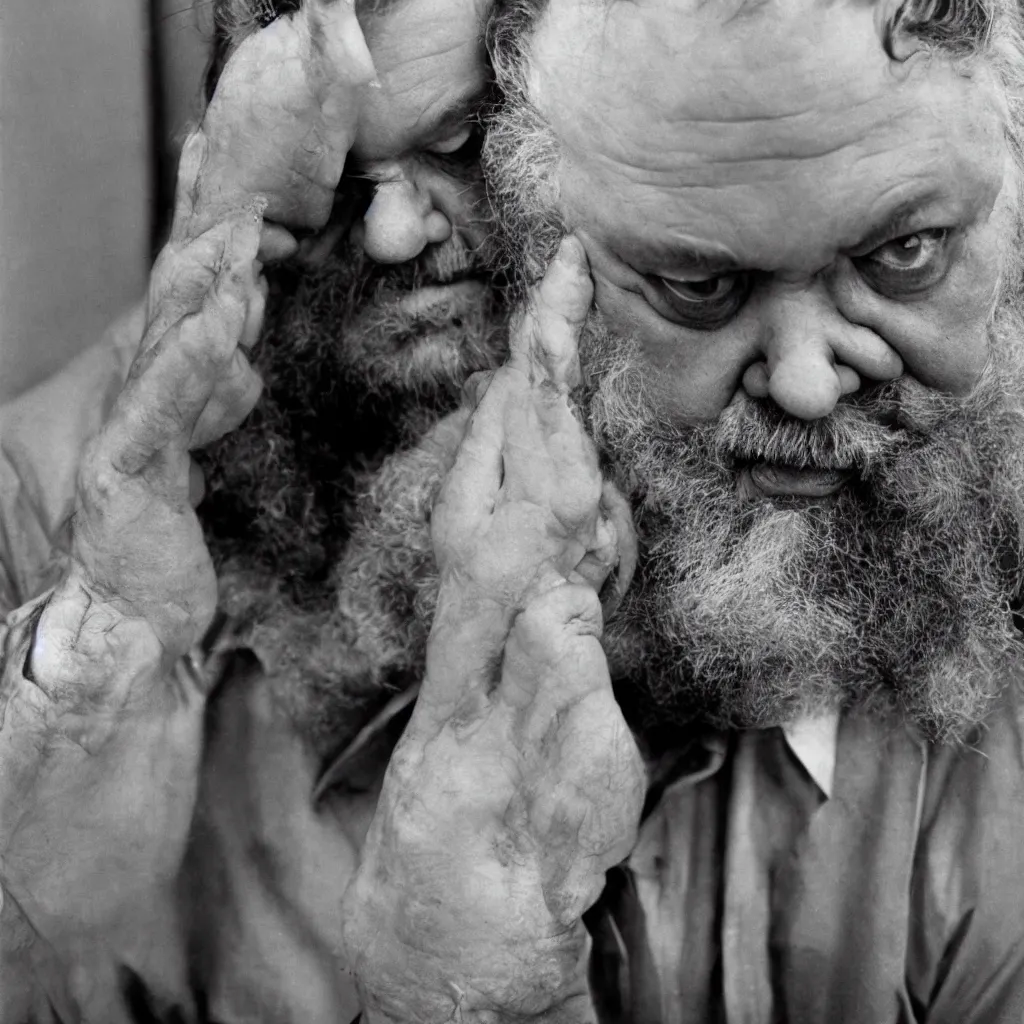 Image similar to An Alec Soth portrait photo of Orson Welles as Falstaff