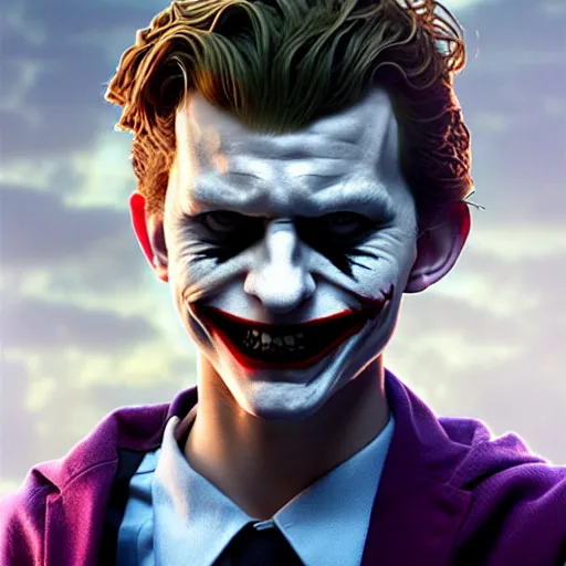 Image similar to selfie of tom holland as young joker, fine detailed face, long hair, stunning 3 d render inspired art by greg rutkowski and xiang duan and thomas eakes, realistic, highly detailed attributes and atmosphere, dim volumetric cinematic lighting, 8 k octane detailed render, post - processing, masterpiece,