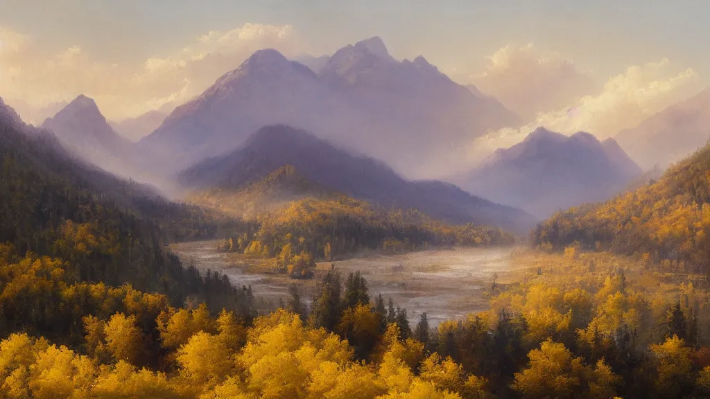 Image similar to The most beautiful panoramic landscape, oil painting, where the mountains are towering over the valley below their peaks shrouded in mist. The sun is just peeking over the horizon and the sky is ablaze with colors. The river is winding its way through the valley and the trees are starting to turn yellow and red, by Greg Rutkowski, aerial view