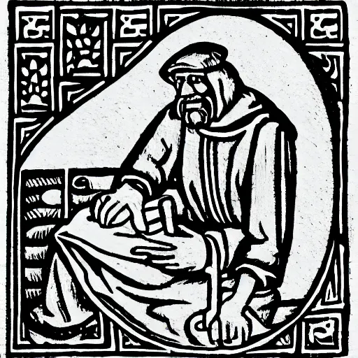 Image similar to peasant speaks on iphone. medieval engraving style