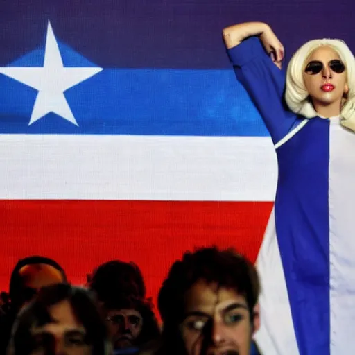 Image similar to Lady Gaga as president, Argentina presidential rally, Argentine flags behind, bokeh, giving a speech, detailed face, Argentina