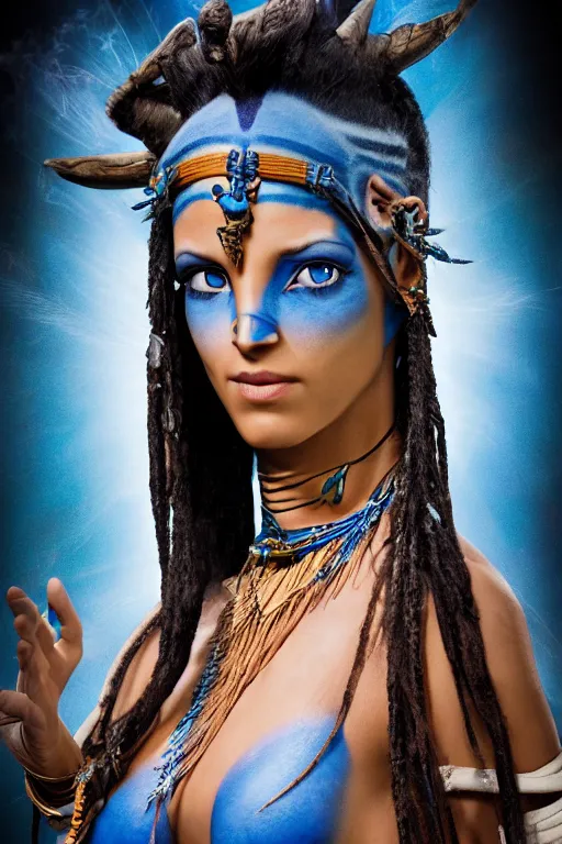 Prompt: photograph of a blue-skinned female navi from avatar, high resolution film still, 8k, HDR colors, cosplay, studio lighting, photo by bruce weber