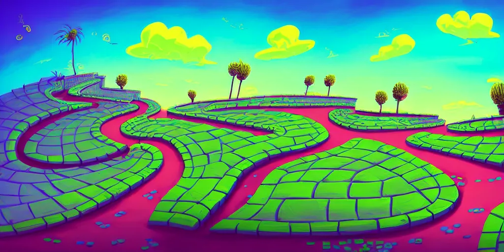 Prompt: curled perspective digital art of curvy clouds cobblestone street with wildflowers to a casino in top of a hill with palmtrees by anton fadeev from nightmare before christmas