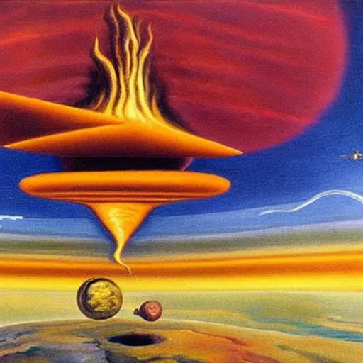 Prompt: A painting of a space ship burning as it enters Earth's atmosphere, Salvador Dali, sharp, detailed, colorful, vibrant, piece of art