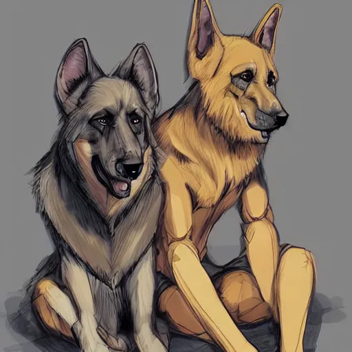 Image similar to two humanoid german shepherds beast - men, sitting on a couch and hugging together, artstation, concept art, smooth, sharp foccus ilustration, artstation