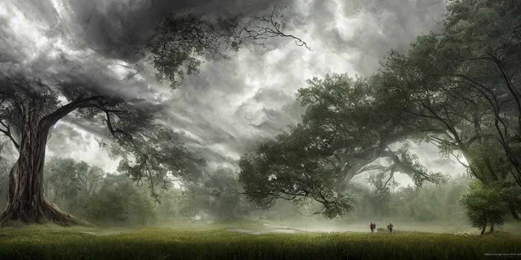 Image similar to A tornado in a beautiful scenic landscape, nature, trees, wide angle, super highly detailed, professional digital painting, artstation, concept art, smooth, sharp focus, no blur, no dof, extreme illustration, Unreal Engine 5, Photorealism, HD quality, 8k resolution, cinema 4d, 3D, beautiful, cinematic, art by artgerm and greg rutkowski and alphonse mucha and loish and WLOP