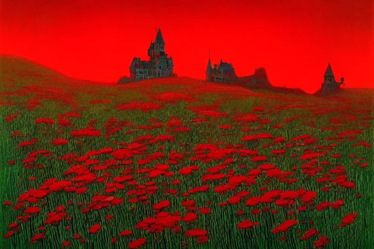 Image similar to only with red, red flowers of different types, a castle in the background, red orcs and trolls dance over the flowers, in the style of beksinski, part by hopper, part by rodcenko, part by hofbauer, intricate composition, red by caravaggio, insanely quality, highly detailed, masterpiece, red light, artstation, 8 k