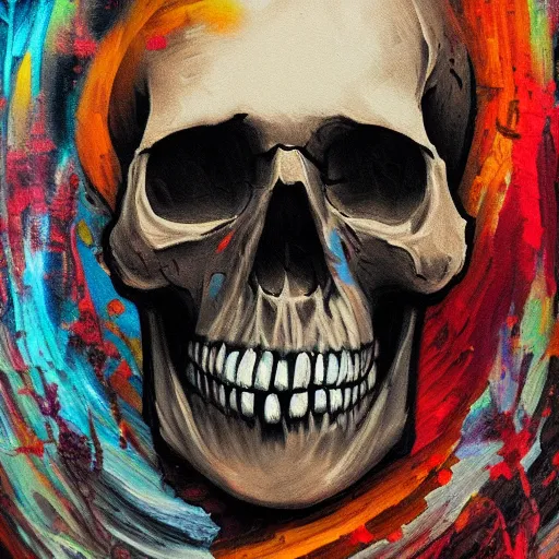 Prompt: skull glitchpunk glitchcore oil painting, portrait, palette knives, intricate complexity, rule of thirds, in the style of Kazuki Tanahashi, Genzoman