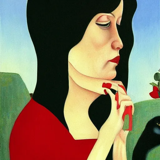 Image similar to a painting of a middle aged woman in a red dress has a cat sitting on her shoulder, by christian schad