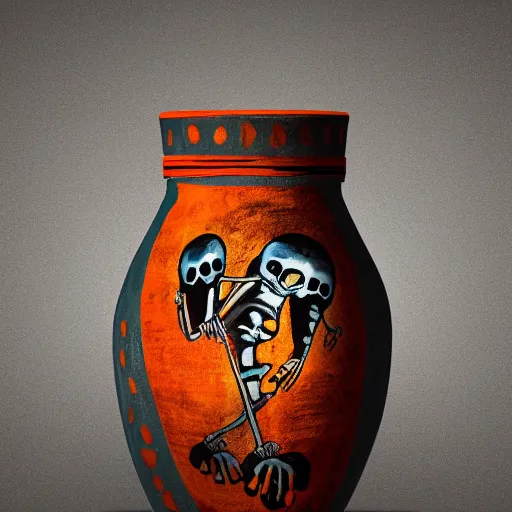 Prompt: skeletons running painted on a roman jar, orange theme, 8k resolution, sodium light