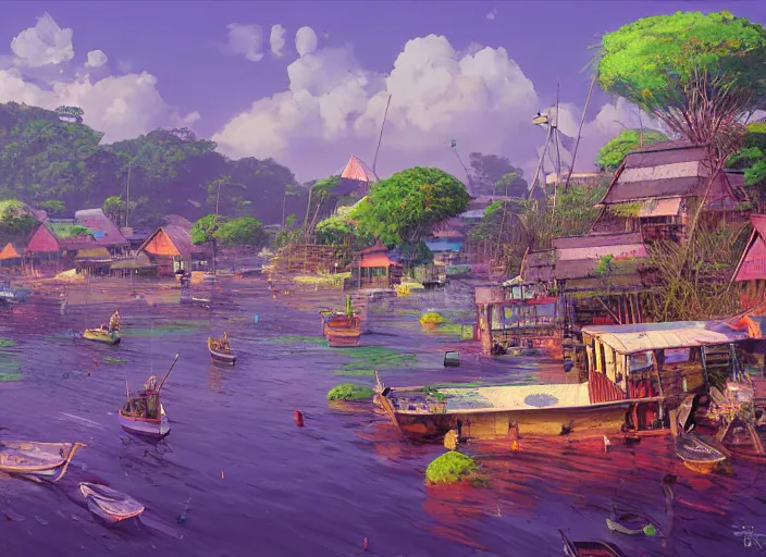 Prompt: kuala terengganu fishing village, summer morning, very coherent and colorful high contrast, art by gediminas pranckevicius, geof darrow, makoto shinkai, dark shadows, hard lighting