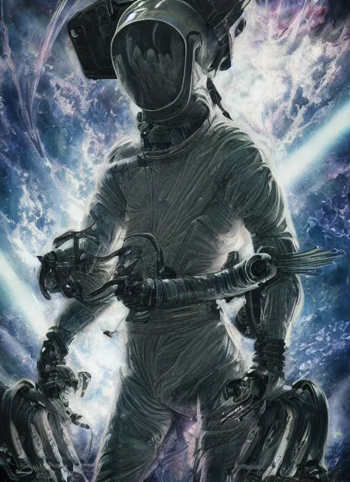 Image similar to astronauts in dark and empty void underwater poster - complex and hyperdetailed technical suit. reflection and dispersion materials. rays and dispersion of light. volumetric light. 5 0 mm, f / 3 2. noise film photo. flash photography. ultra realistic, wide angle. poster by wayne barlowe, hajime sorayama aaron horkey, craig mullins