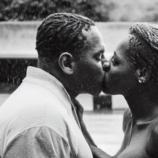 Image similar to african american man and blonde woman kissing in the rain at a pool.