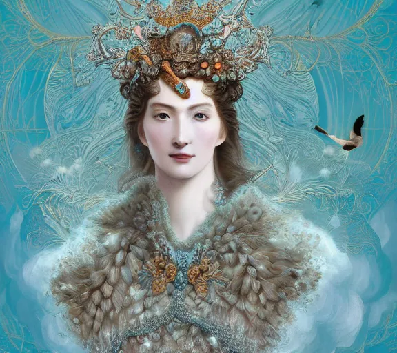 Image similar to breathtaking detailed concept art painting art deco pattern a beautiful wavy brown haired man with pale skin and a crown on his head sitted on an intricate metal throne light - blue flowers with kind piercing eyes and blend of flowers and birds, by hsiao - ron cheng and john james audubon, bizarre compositions, exquisite detail, extremely moody lighting, 8 k h 1 0 2 4