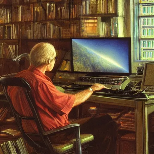 Prompt: Man sitting at his 80s computer programming late at night, candid art by Donato Giancola and James Gurney, digital art, trending on artstation