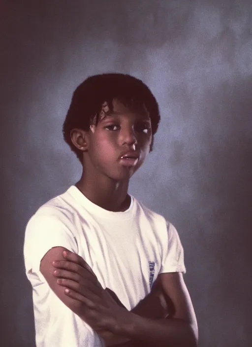 Prompt: high school year book photo of candyman as an awkward teenager from the horror movie, film shot, portrait photography, soft lighting, soft focus, ironic, 1 9 8 0's, 2 4 mm iso 8 0 0