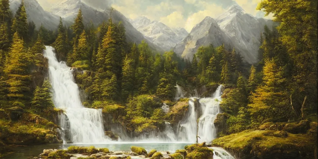 Prompt: a mountain with a waterfall that leads to a lake, highly detailed, oil painting, made by alard monsma