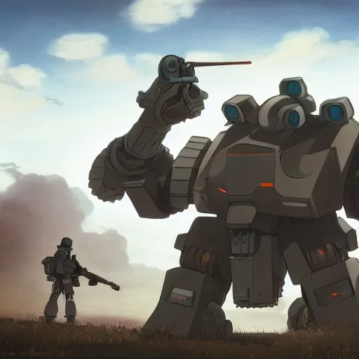 Prompt: a mech with guns on each arm preparing for combat, battlefield, dead trees, fire, smoke, dark clouds, slightly sunny, ominous, intense, epic, extremely detailed, cinematic lighting, studio ghibli, anime,