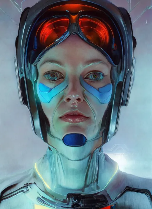 Image similar to ( symmetry ) closeup portrait of a cyborg female scientist, visor, cinematic light, backlight glow, teal orange, mist, by gerald brom, by mikhail vrubel, by peter elson, muted colors, extreme detail, trending on artstation, 8 k