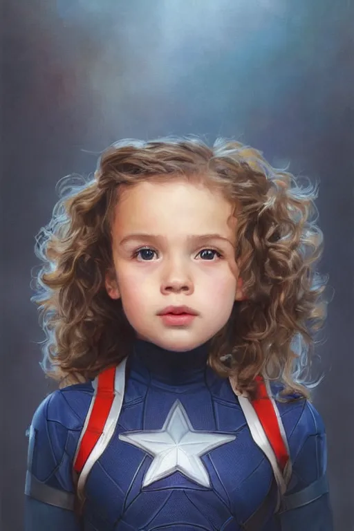 Image similar to a little girl with a michievous face and light brown curly wavy hair. she is dressed as captain america, spider - man, batman, captain marvel, a superhero. clean elegant painting, beautiful detailed face. by artgerm and greg rutkowski and alphonse mucha