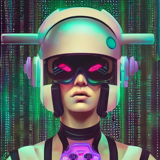 Image similar to portrait of a cyberpunk girl with futuristic helmet and with very tight black latex dress by Petros Afshar and Beeple, James Gilleard, Mark Ryden, Wolfgang Lettl highly detailed