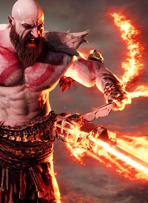 Image similar to muscular armored screaming kratos rocking out on a flaming stratocaster guitar, cinematic render, god of war 2 0 1 8, playstation studios official media, lightning, flames, left eye stripe, left eye stripe, left eye stripe, left eye stripe, clear, coherent