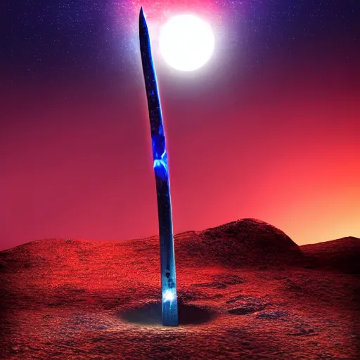 Image similar to a sword burning with blue fire sticks out of a stone, scorched earth around the stone, the sky glows red, a large moon, realistic art, digital art, 8 k, clear, sharp, very detailed