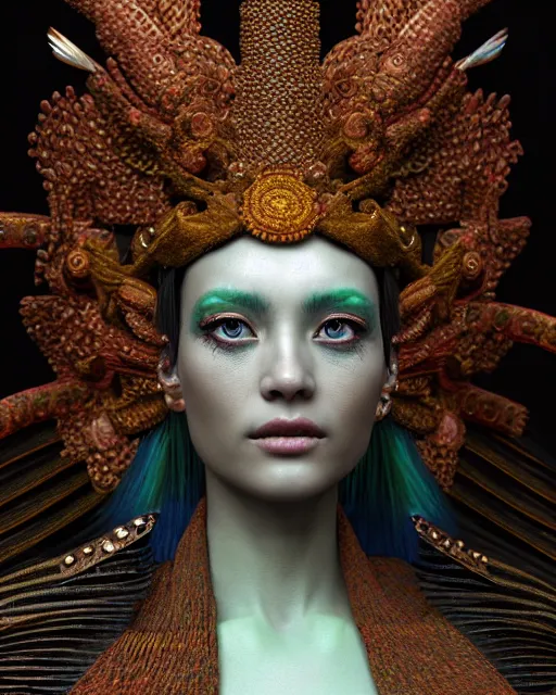 Prompt: 3 d warrior goddess close - up profile portrait. beautiful hyperrealistic intricate highly detailed chuu!! magpie helm and richly embroidered blouse, quetzalcoatl, bioluminescent, smolder, plasma, lava, ice, feather, windy, artwork by tooth wu and wlop and annie leibovitz, octane 3 d render