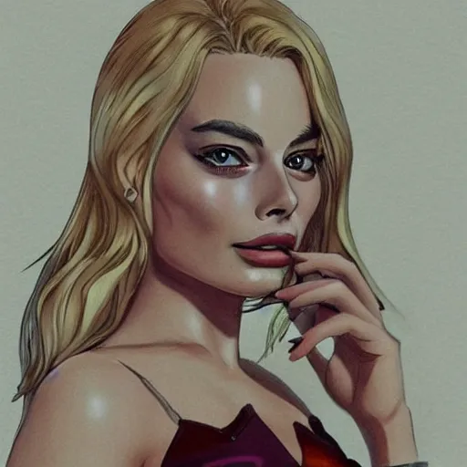 Image similar to a portrait of margot robbie, anime art style, highly realistic, highly detailed, sharp