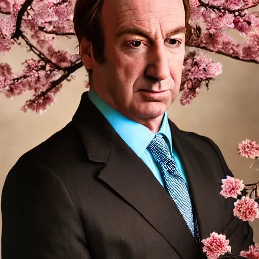 Prompt: saul goodman portrait picture by yousuf karsh, golden hour, realistic, body shot, sharp focus, 8 k high definition, insanely detailed, intricate, elegant, cherry blossoms