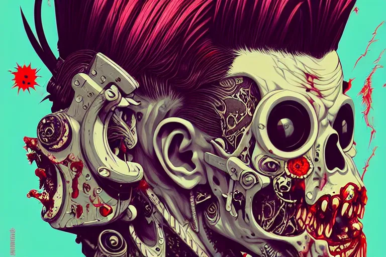 Image similar to zombie punk guitarist with a mohawk, tristan eaton, victo ngai, artgerm, rhads, ross draws, intricated details, 3 / 4 view, full body portrait