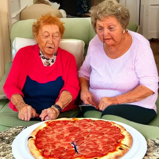 Image similar to grandmas smashing their faces together with pepperoni pizza