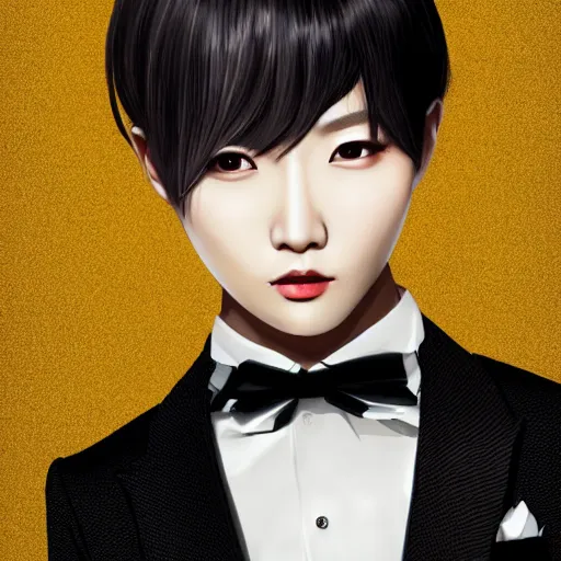 Image similar to portrait of a beautiful korean girl wearing a men's tuxedo, with short messy hair, men's haircut, angular features, angry expression, digital art, elegant pose, detailed illustration