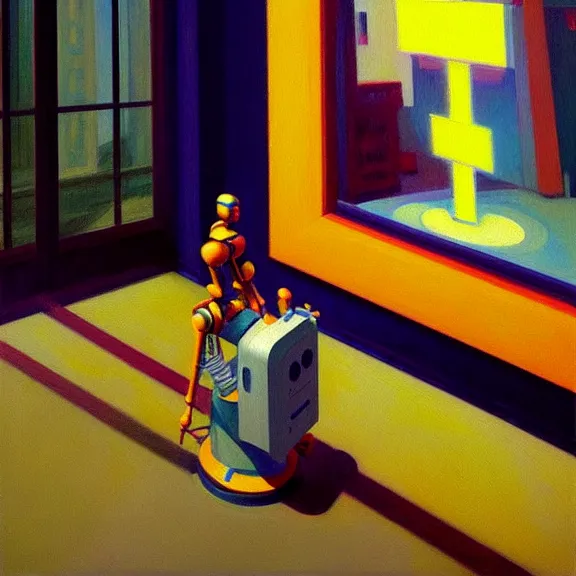 Image similar to beautiful illustration of a robot painting an artwork on a canvas with a paintbrush by Edward Hopper, clean lines, very detailed, colorful octane render