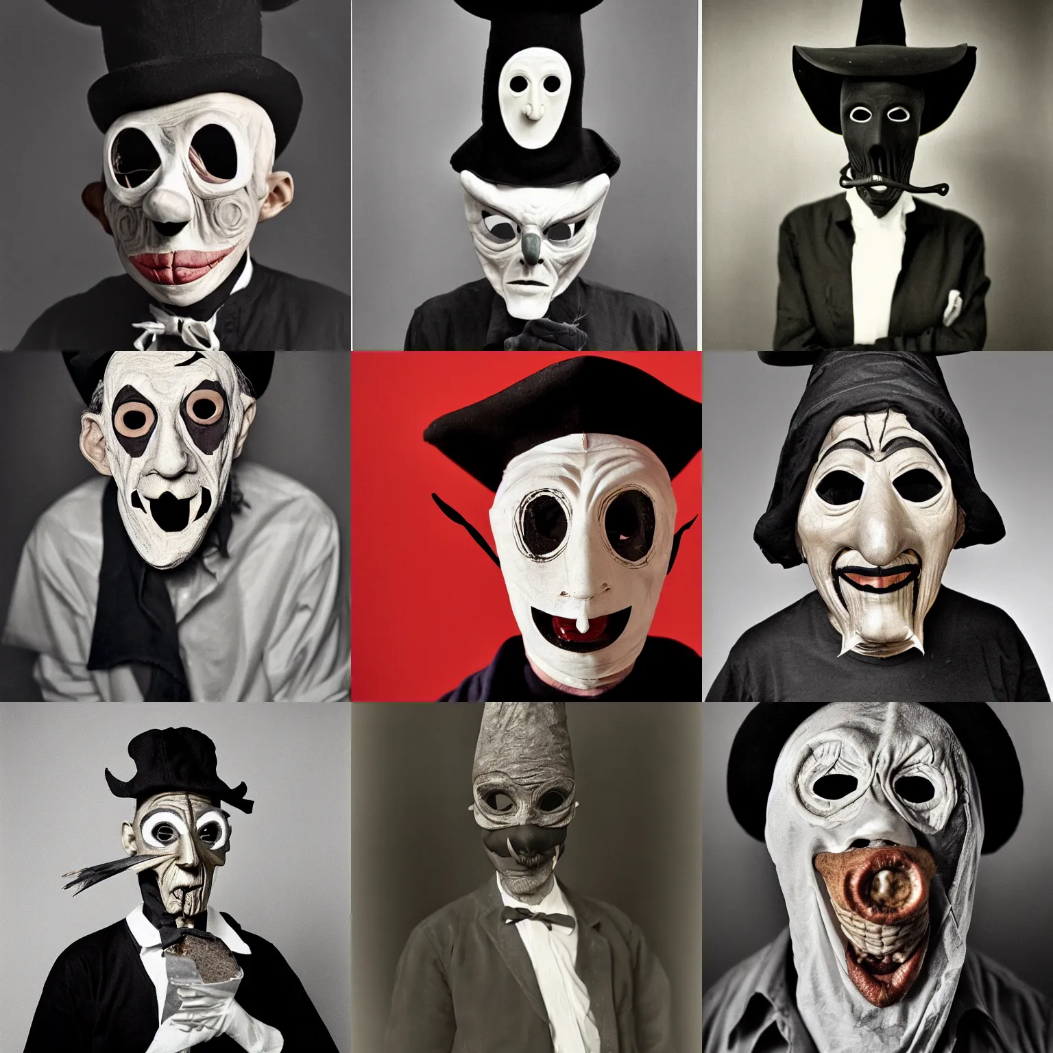 Prompt: portrait photo of an old wrinkled man, skinny face, bony face, long nose, crooked nose, large full mouth, black pulcinella masquerade mask, pointy conical hat, white wrinkled shirt, presenting pizza, black background, close - up, skin blemishes, menacing, intimidating, masterpiece by james van der zee