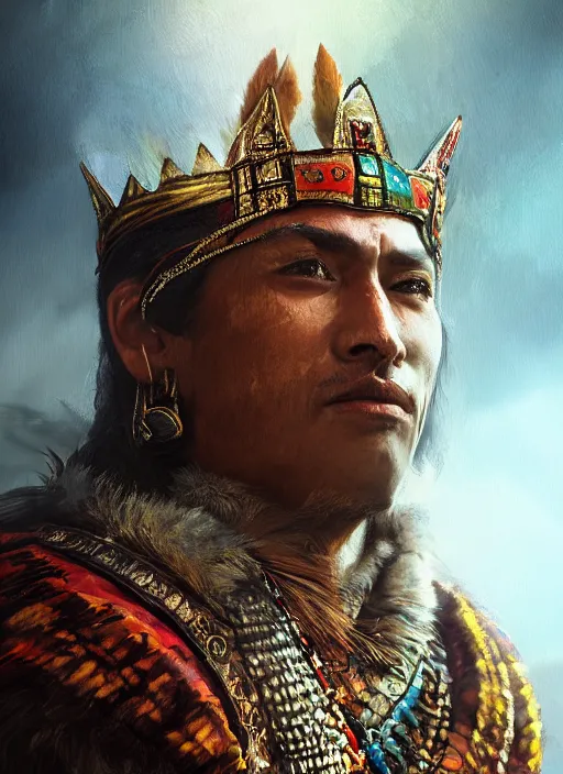 Image similar to Aztec king, handsome, portrait, intricate, elegant, feathers, volumetric lighting, scenery, digital painting, highly detailed, artstation, sharp focus, illustration, concept art, ruan jia, steve mccurry