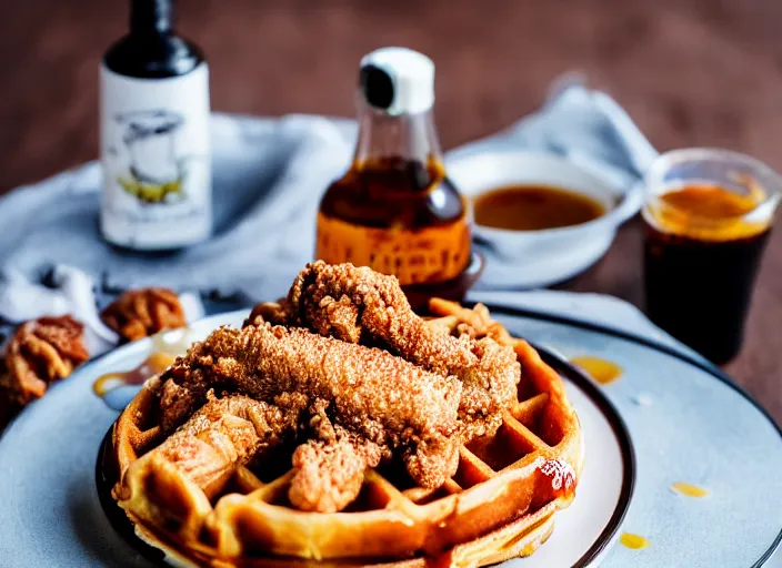 Prompt: dslr food photograph of a belgian waffle with fried chicken on top drizzled with maple syrup and a bottle of hot sauce on the side, 8 5 mm f 1. 8