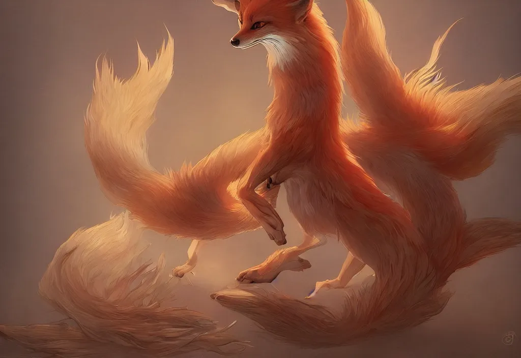 Prompt: kitsune three - tailed fox, realistic, 5 0 mm bokeh, extremely detailed, unreal engine 5, rtx reflections, concept art by artgerm, greg rutkowski, alphonse mucha