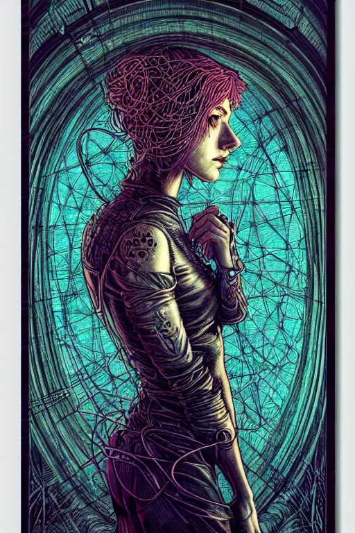 Image similar to dreamy cyberpunk girl, abstract mirrors, digital nodes, beautiful woman, detailed acrylic, grunge, intricate complexity, by dan mumford and by alberto giacometti, arthur rackham