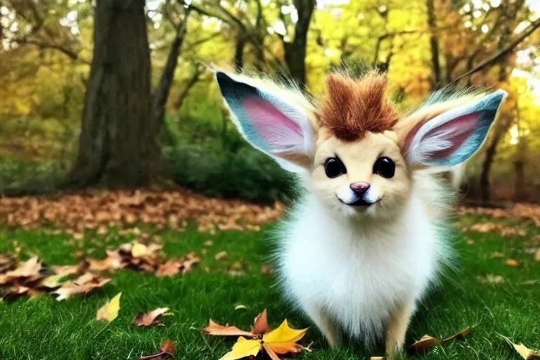 Image similar to real life leafeon pokemon, cute!!!, heroic!!!, adorable!!!, playful!!!, fluffly!!!, happy!!!, cheeky!!!, mischievous!!!, ultra realistic!!!, autumn, clear weather, golden hour, sharp focus